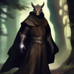 A Dragonborn with translucent skin and glowing eyes, wearing a brown cloak