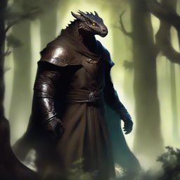 A Dragonborn with transparent skin and bright glowing eyes, wearing a brown cloak