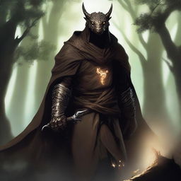 A Dragonborn with transparent skin and bright glowing eyes, wearing a brown cloak