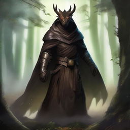 A Dragonborn with transparent skin and bright glowing eyes, wearing a brown cloak