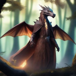 A dragon humanoid with transparent skin and bright glowing eyes, wearing a brown cloak