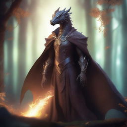 A dragon humanoid with transparent skin and bright glowing eyes, wearing a brown cloak