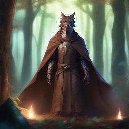 A dragon humanoid with transparent skin and bright glowing eyes, wearing a brown cloak