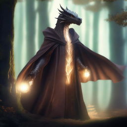 A dragon humanoid with transparent skin and bright glowing eyes, wearing a brown cloak