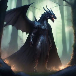 A dragon humanoid with transparent skin and bright glowing eyes, wearing a black cloak