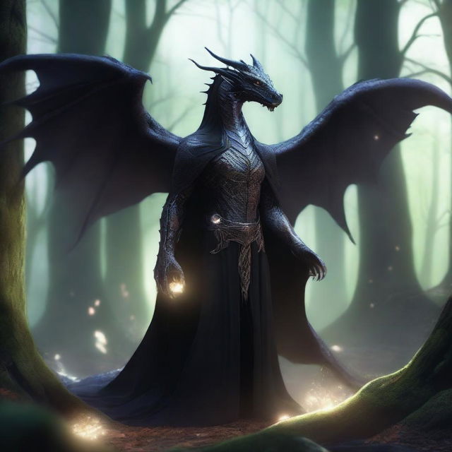 A dragon humanoid with transparent skin and bright glowing eyes, wearing a black cloak