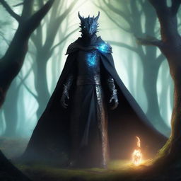 A dragon humanoid with transparent skin and bright glowing eyes, wearing a black cloak