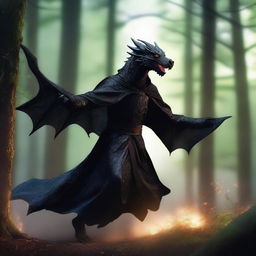 An action shot of a dragon humanoid with transparent skin and bright glowing eyes, wearing a black cloak