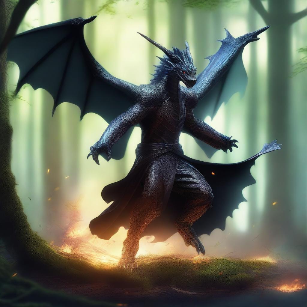 An action shot of a dragon humanoid with transparent skin and bright glowing eyes, wearing a black cloak