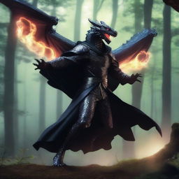 An action shot of a dragon humanoid with transparent skin and bright glowing eyes, wearing a black cloak