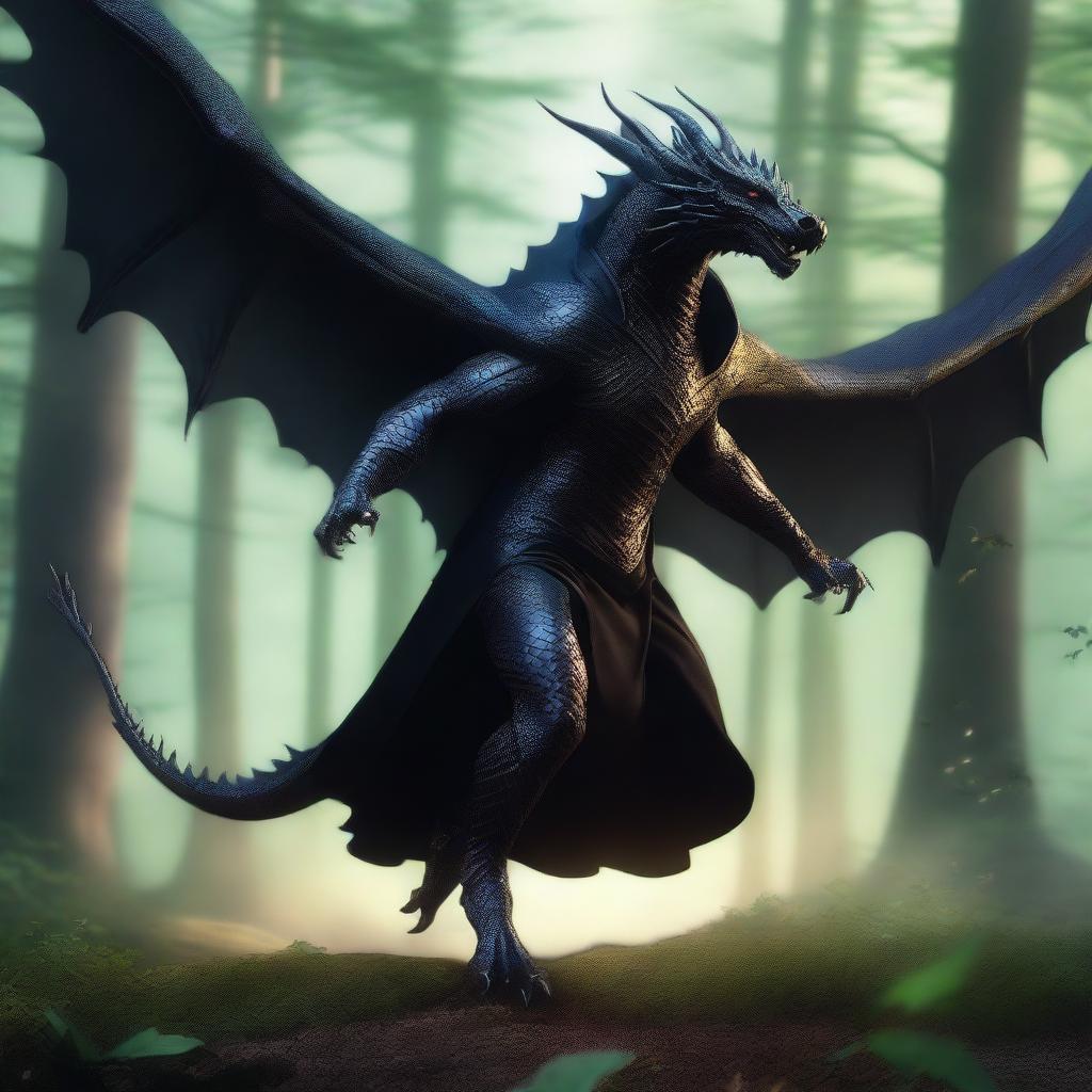 An action shot of a dragon humanoid with no wings, clear skin, and bright glowing eyes, wearing a black cloak