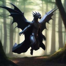 An action shot of a dragon humanoid with no wings, clear skin, and bright glowing eyes, wearing a black cloak