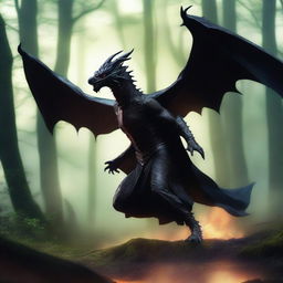 An action shot of a dragon humanoid with no wings, clear skin, and bright glowing eyes, wearing a black cloak