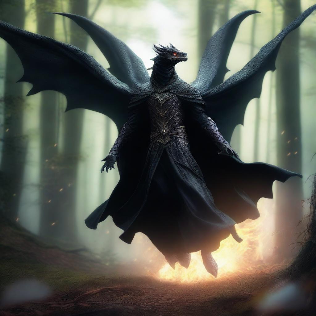 An action shot of a dragon humanoid with no wings, clear skin, and bright glowing eyes, wearing a black cloak