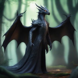 A dragon humanoid with no wings, see-through skin, and bright glowing eyes, wearing a black cloak