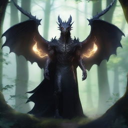 A dragon humanoid with no wings, see-through skin, and bright glowing eyes, wearing a black cloak