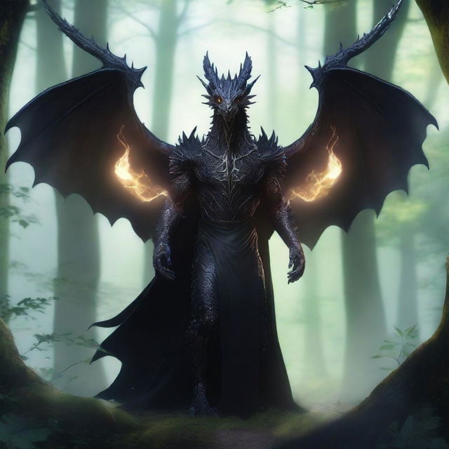 A dragon humanoid with no wings, see-through skin, and bright glowing eyes, wearing a black cloak