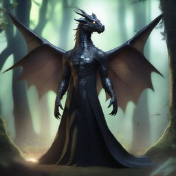 A dragon humanoid with no wings, see-through skin, and bright glowing eyes, wearing a black cloak