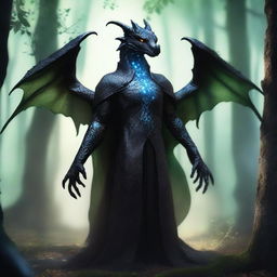 A dragon humanoid with no wings, see-through skin, and bright glowing eyes, wearing a black cloak