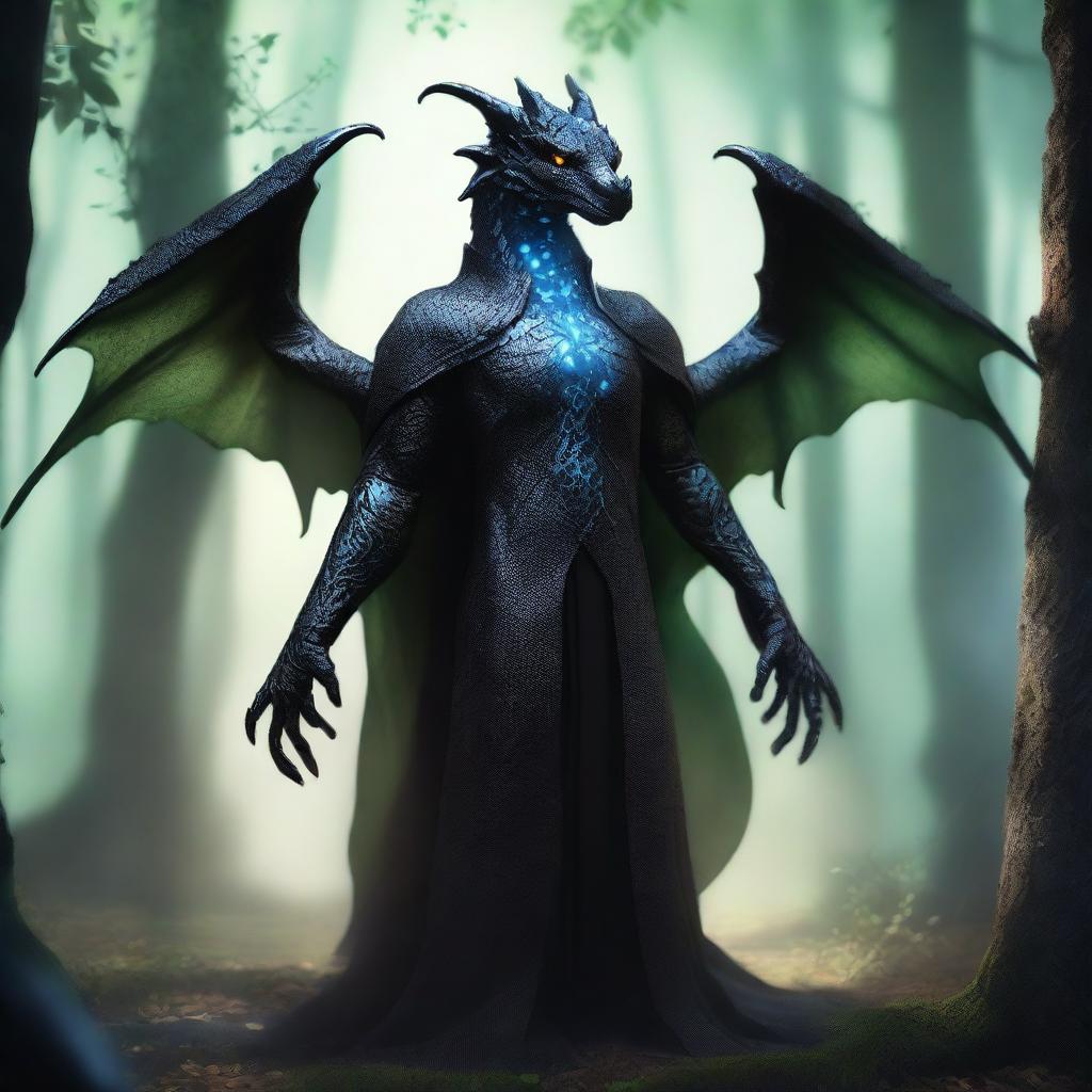 A dragon humanoid with no wings, see-through skin, and bright glowing eyes, wearing a black cloak