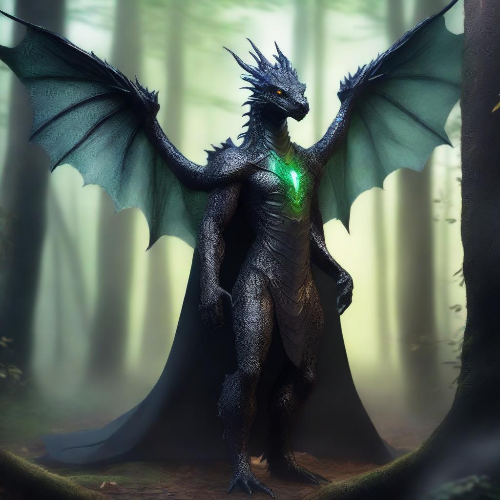 A dragon humanoid with no wings, see-through skin, and bright glowing eyes, wearing a black cloak