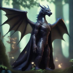 A dragon humanoid with no wings, see-through skin, and bright glowing eyes, wearing a black cloak