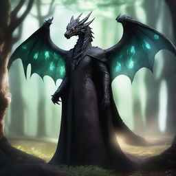 A dragon humanoid with no wings, see-through skin, and bright glowing eyes, wearing a black cloak