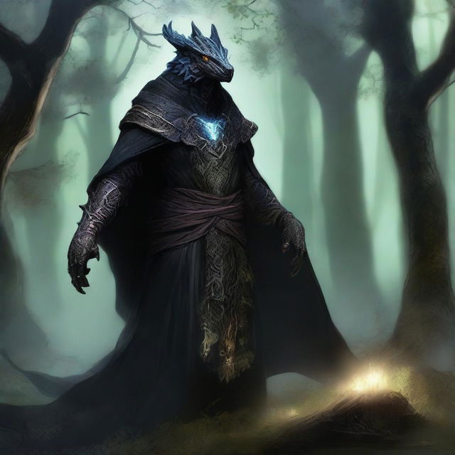 A dragonborn with see-through skin and bright glowing eyes, wearing a black cloak