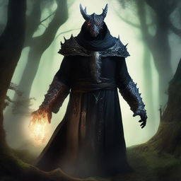 A dragonborn with see-through skin and bright glowing eyes, wearing a black cloak