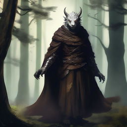 A dragonborn with white skin and bright glowing eyes, wearing a brown cloak