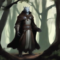 A dragonborn with white skin and bright glowing eyes, wearing a brown cloak