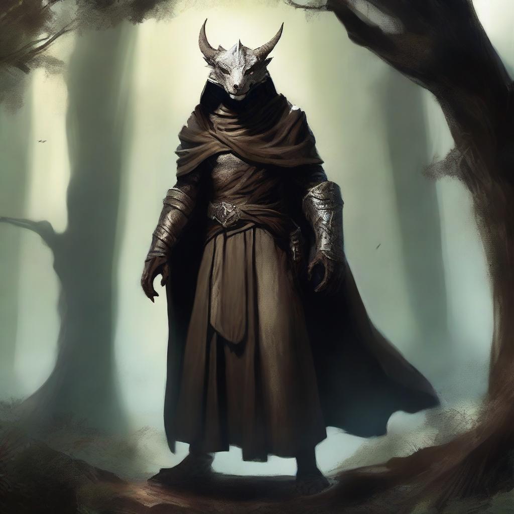 A dragonborn with white skin and bright glowing eyes, wearing a brown cloak