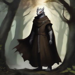 A dragonborn with white skin and bright glowing eyes, wearing a brown cloak