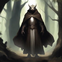 A dragonborn with white skin and bright glowing eyes, wearing a brown cloak