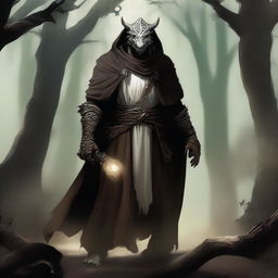 A dragonborn with white skin and bright glowing eyes, wearing a brown cloak