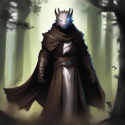 A dragonborn with white skin and bright glowing eyes, wearing a brown cloak