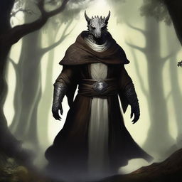 A dragonborn with white skin and bright glowing eyes, wearing a brown cloak