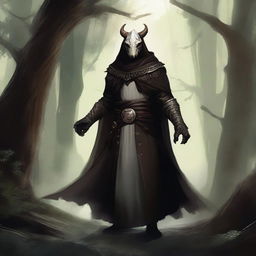 A dragonborn with white skin and bright glowing eyes, wearing a brown cloak