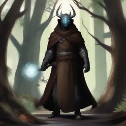 A dragonborn with white skin and bright glowing eyes, wearing a brown cloak