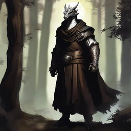 A dragonborn with white skin and bright glowing eyes, wearing a brown cloak