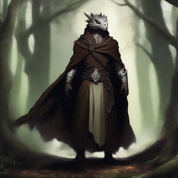 A dragonborn with white skin and bright glowing eyes, wearing a brown cloak