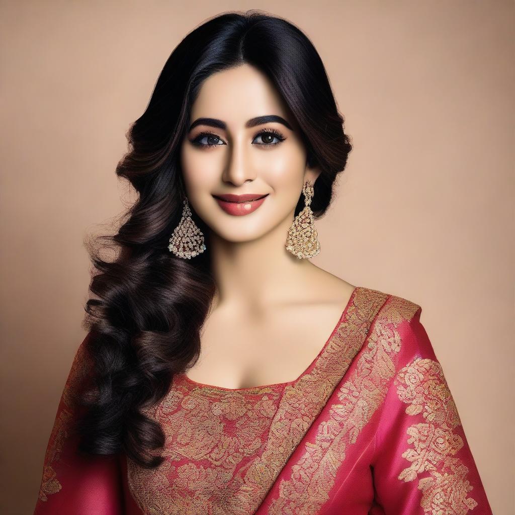 A high-quality portrait of Janhvi Kapoor, the famous Indian actress, smiling and looking elegant in a traditional Indian outfit