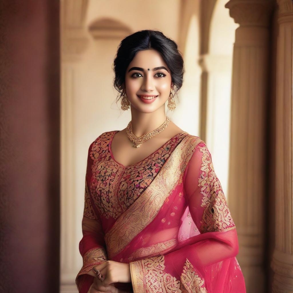 A high-quality portrait of Janhvi Kapoor, the famous Indian actress, smiling and looking elegant in a traditional Indian outfit