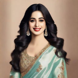 A high-quality portrait of Janhvi Kapoor, the famous Indian actress, smiling and looking elegant in a traditional Indian outfit