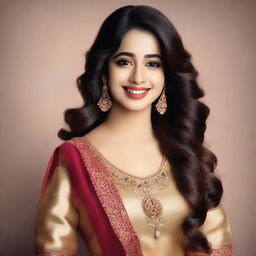 A high-quality portrait of Janhvi Kapoor, the famous Indian actress, smiling and looking elegant in a traditional Indian outfit