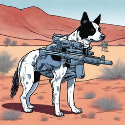 A detailed illustration of a robot sniper dog and a blue heeler dog standing side by side in an Australian desert landscape