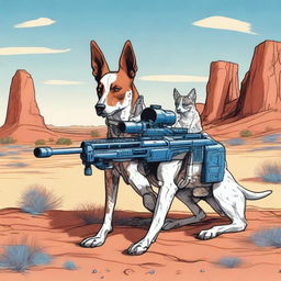 A detailed illustration of a robot sniper dog and a blue heeler dog standing side by side in an Australian desert landscape