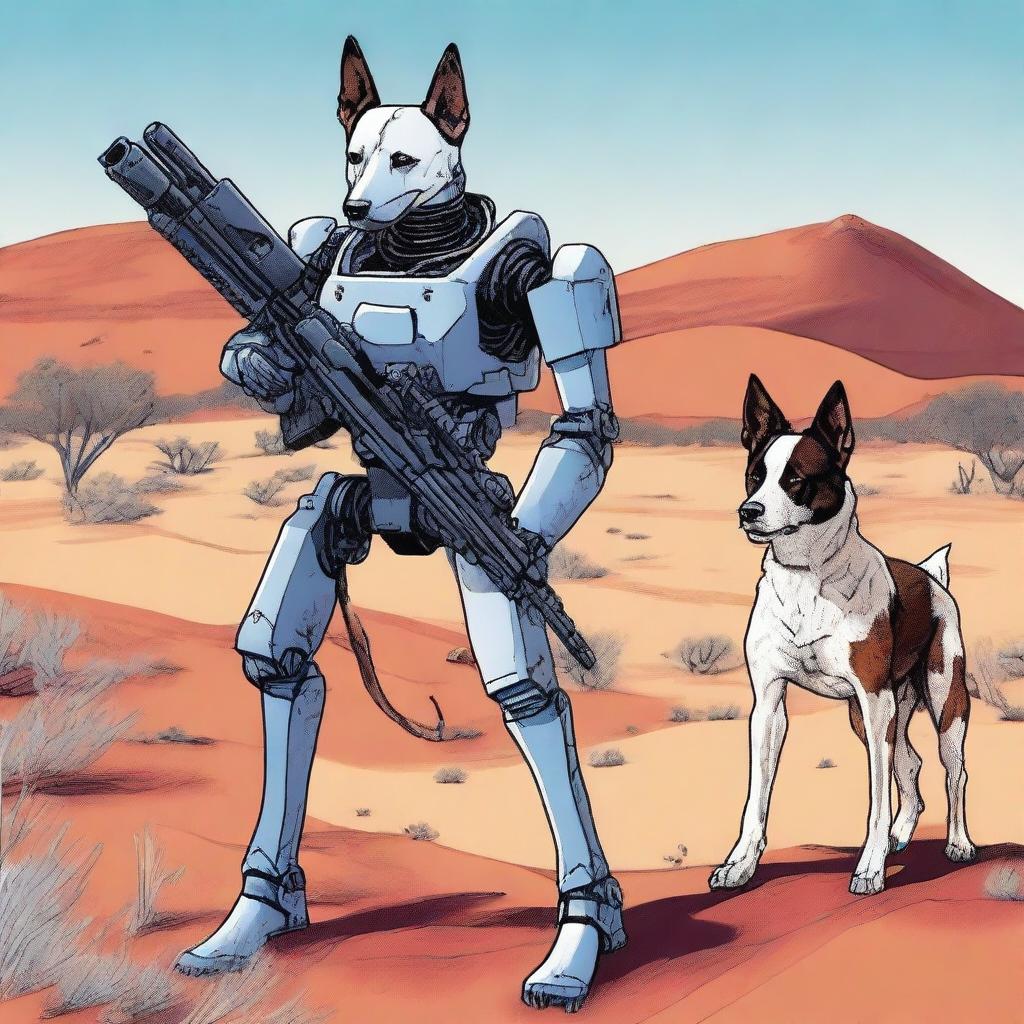 A detailed illustration of a robot sniper dog and a blue heeler dog standing side by side in an Australian desert landscape