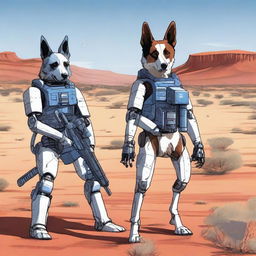 A detailed illustration of a robot sniper dog and a blue heeler dog standing side by side in an Australian desert landscape