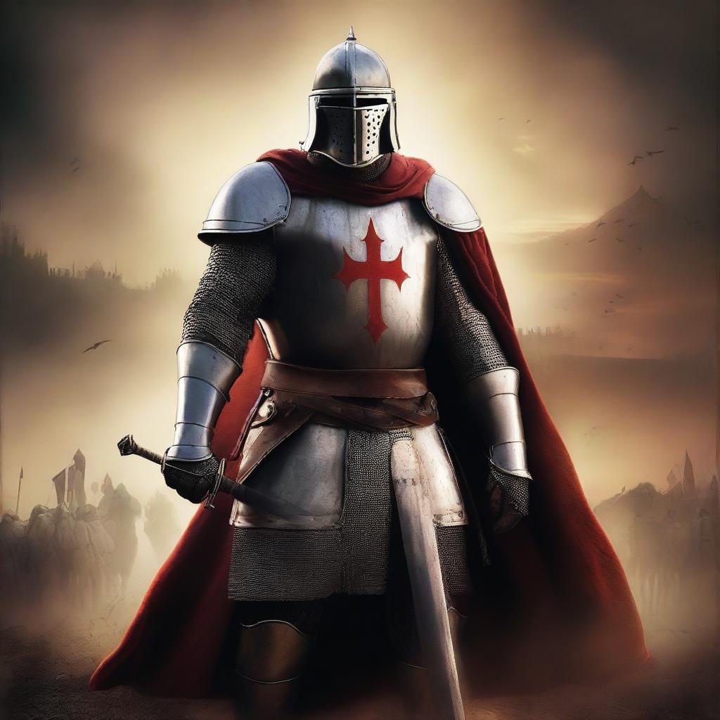 A detailed movie poster featuring a crusader in full armor, brandishing his sword with determination